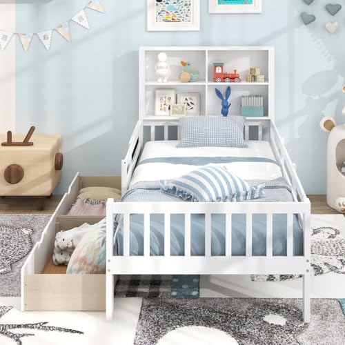 Giantex Full Bed with 2 Storage Drawers, Solid Wood Kids Bed Frame, White N580265