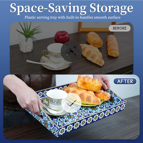 Gifturbo Blue Serving Tray with Handles, Rectangular Plastic Tray J15614