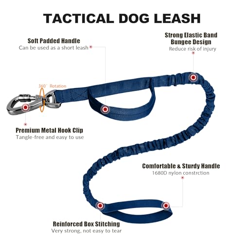 Tactical Dog Collar and Bungee Leash Set with USA Flag, Heavy Duty Metal Buckle, Patches and Airtags Case (M, Green) S540125