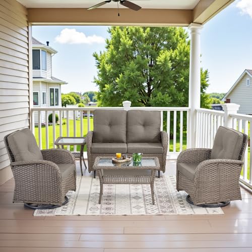 Outdoor Wicker Swivel Rocker Chairs Set of 2 with Rattan Side Table, Brown/Blue B592