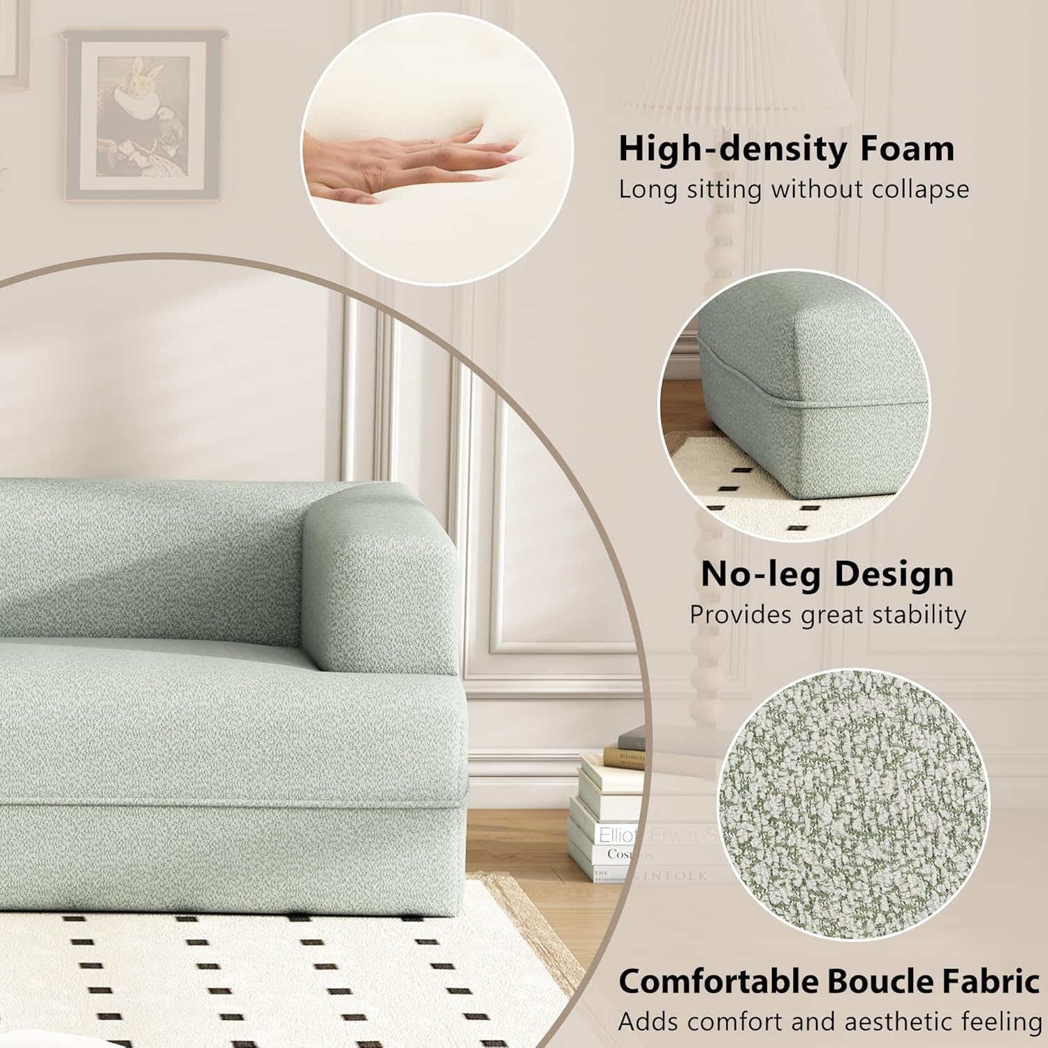 109.4" Modern Cloud Curved Sofa Boucle Chaise Lounge with Left Arm Facing, Green I6917