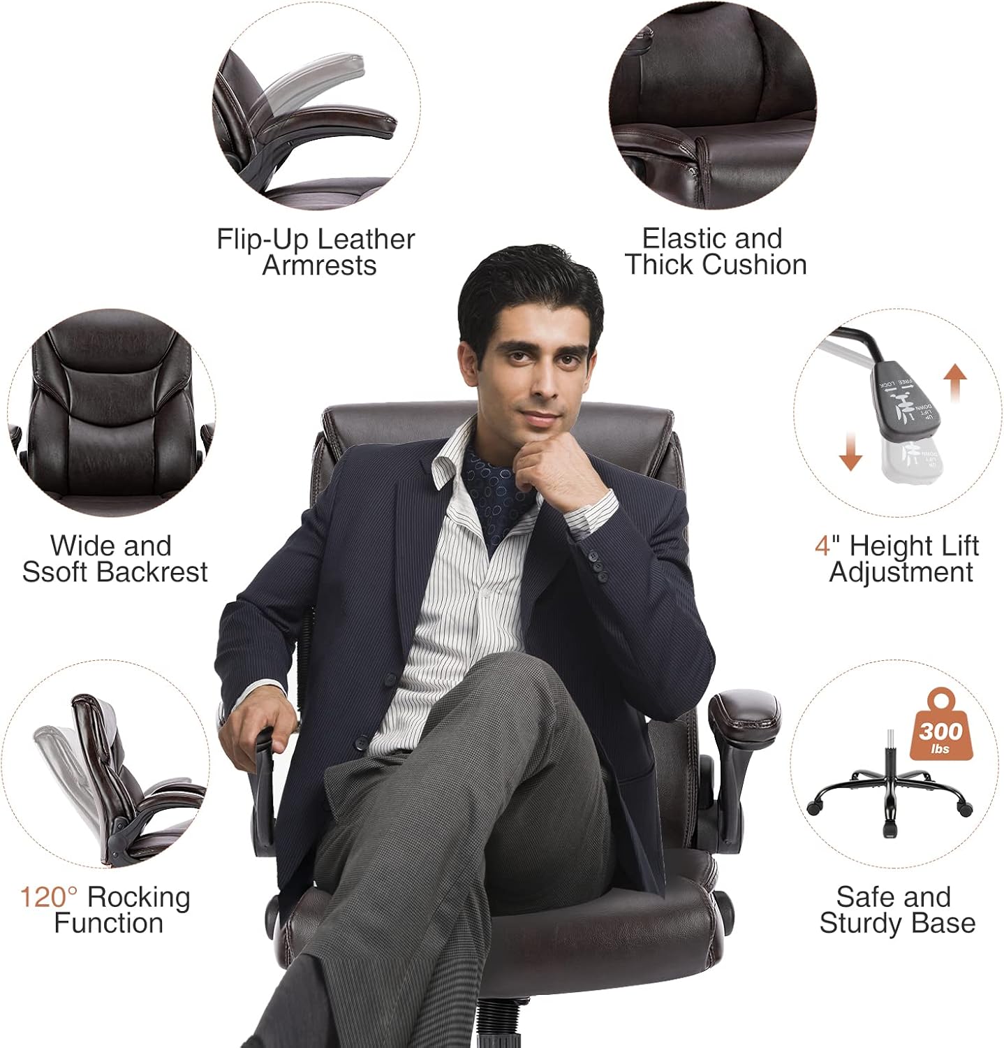 Executive PU Leather High Back Ergonomic Office Chair, Brown D65245