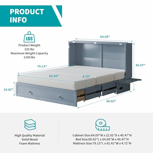 BALUS Queen Murphy Bed Cabinet with USB Charging Station, Cherry Q863