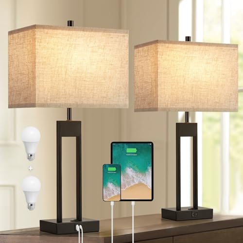 25.5'' Nightstand Lamps Set of 2 with USB, 3 Colors for Bedroom E985629