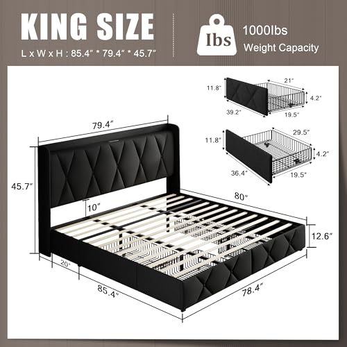 Queen Bed Frame with 4 Storage Drawers and Charging Station, Black S804993