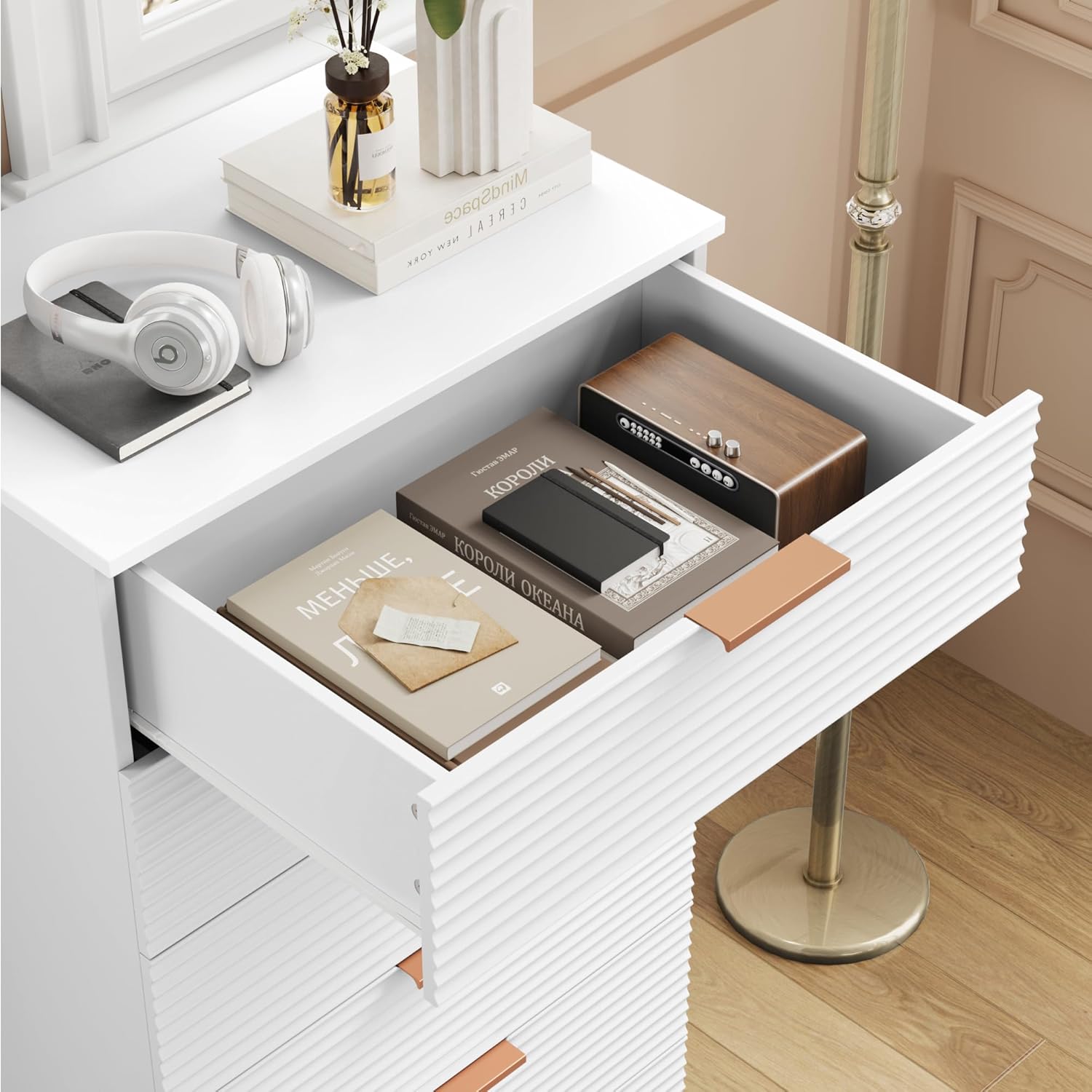 6 Drawer Dresser, Tall White Chest with Handles for Home & Office E6924