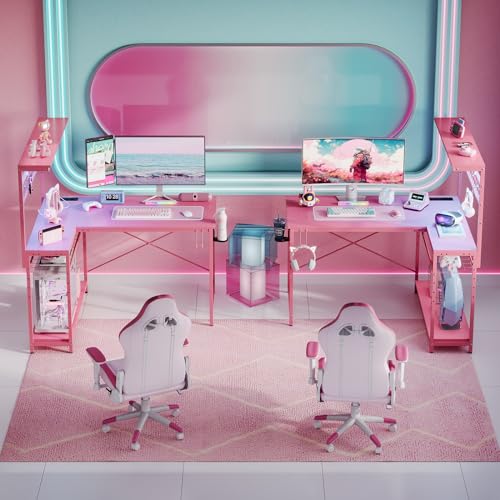 Bestier 42 L Gaming Desk with Power Outlets, LED Lights and Shelves D8630