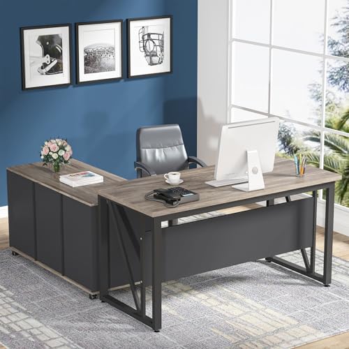 Tribesigns 63" Executive Desk with 47" Lateral File Cabinet, L-Shaped Computer Desk, Brown and Black N680173