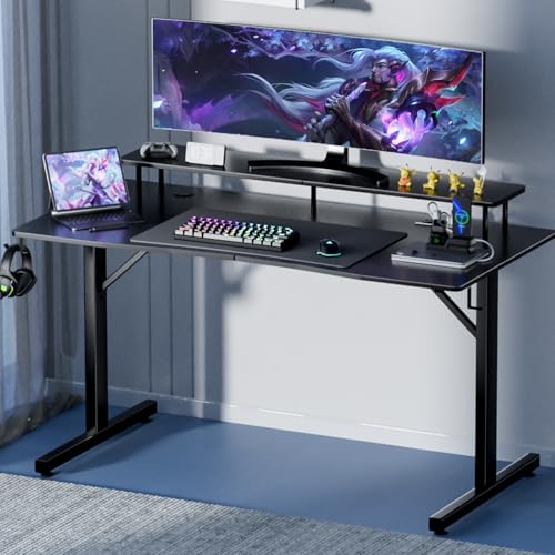 GTRACING 55 Inch Gaming Desk with LED Lights and Monitor Stand I9402