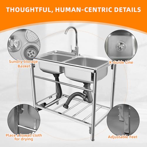 Outdoor Utility Sink Stainless Steel Double Bowl Free Standing with Hot and Cold Faucet L5338