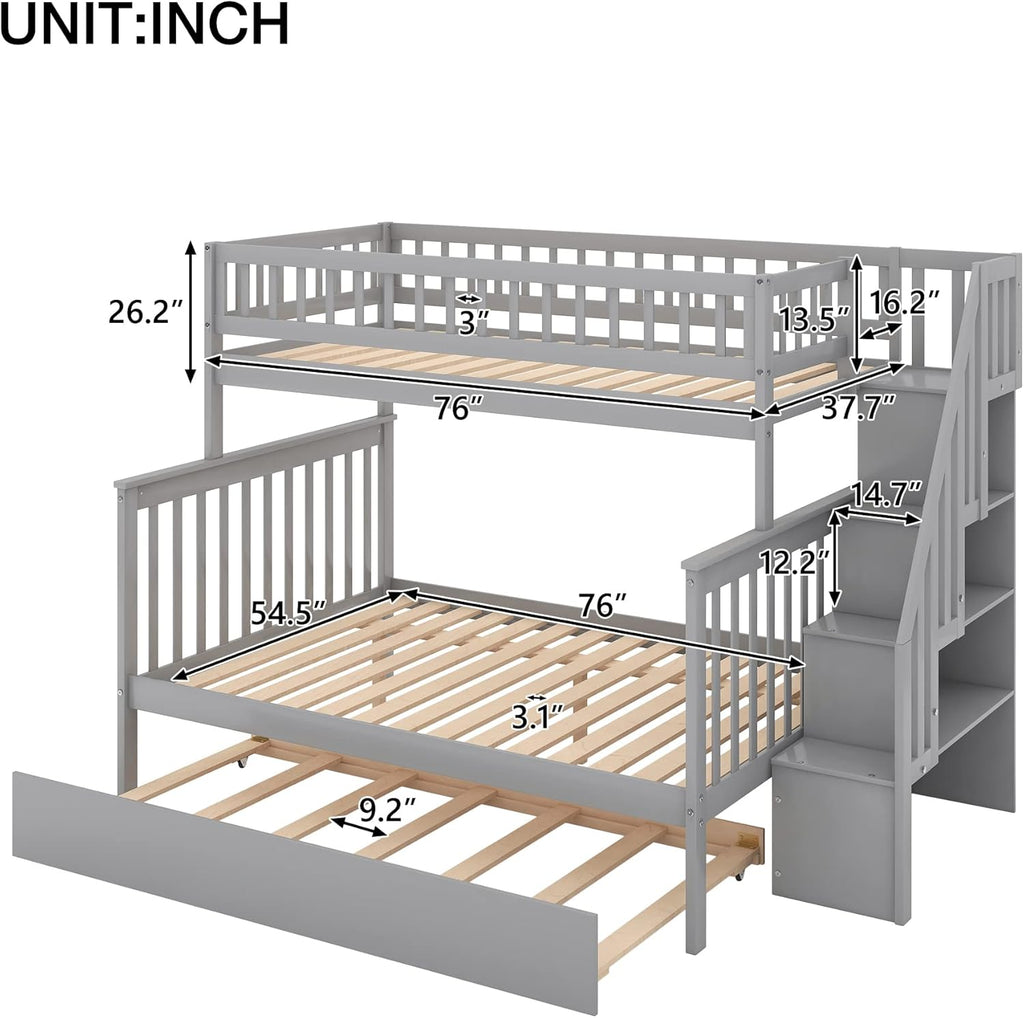 Twin Over Full Bunk Bed with Trundle, Wood Frame, Gray E6647
