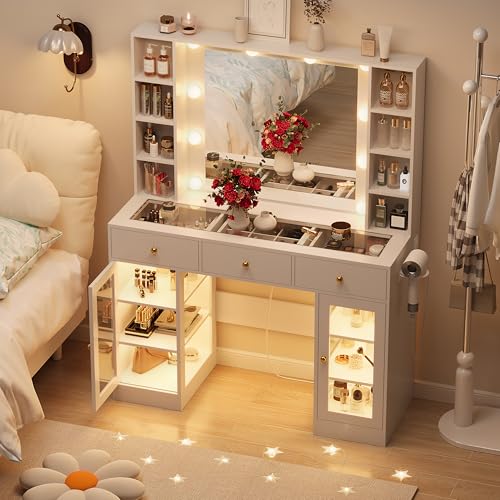 White Vanity Desk with Mirror and Lights, Glass Top, 3 Drawers V863482