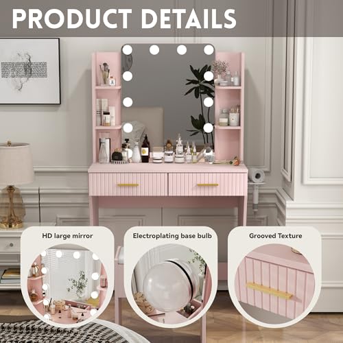 White Vanity Desk with LED Mirror and Storage Stool D5834