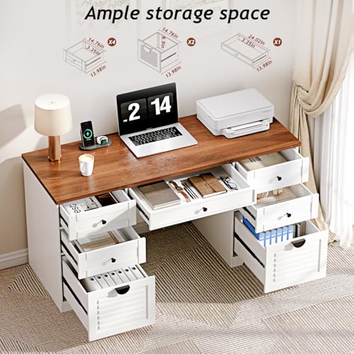 Antique Cream 59" Executive Farmhouse Computer Desk with 7 Drawers and Charging Station R75936