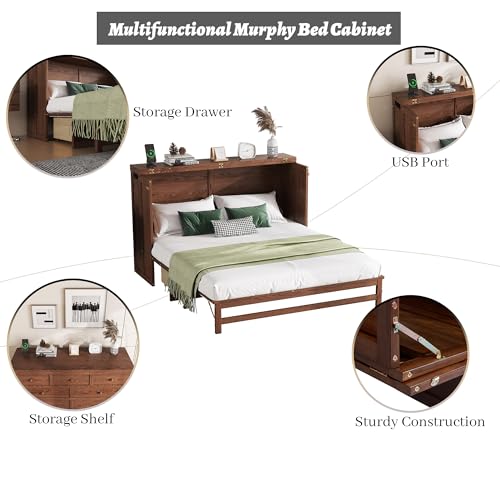 Queen Murphy Bed Cabinet with Storage Drawer and Charging Station, Solid Pine, White A401