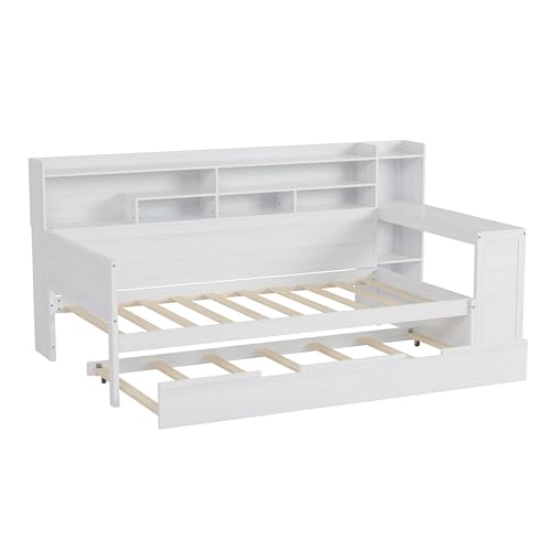 Bellemave Twin Corner Bed Frame with Storage Shelves and Desk, Gray L74206