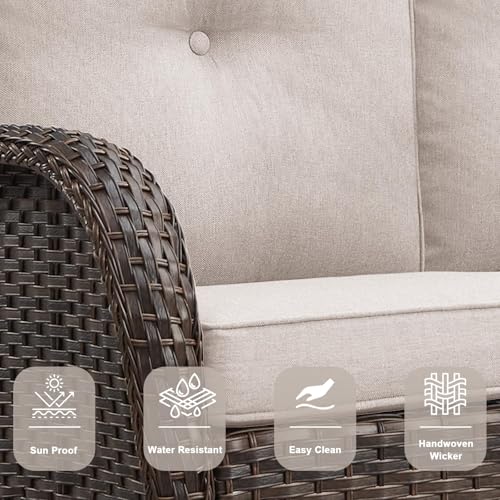 Outdoor Wicker Swivel Rocker Chairs Set of 2 with Rattan Side Table, Brown/Blue B592