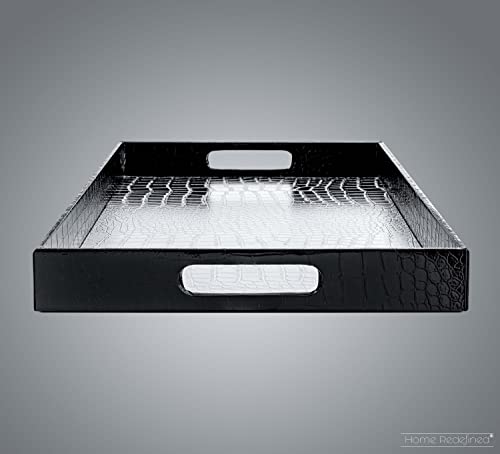 White Marble Faux Leather Decorative Tray with Handles D972626