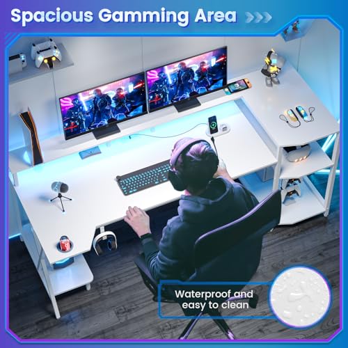 SEDETA Gaming Desk 70.8'' with LED Lights and Storage Shelves, Black Y2845
