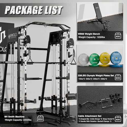 Mikolo Smith Machine 2200lbs Squat Rack with Lat Pulldown & Cable Crossover E219