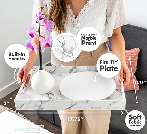 White Marble Faux Leather Decorative Tray with Handles D972626