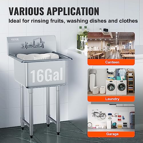 VEVOR Stainless Steel Prep & Utility Sink with Faucet and Legs, 21"x18" Single Bowl L5070