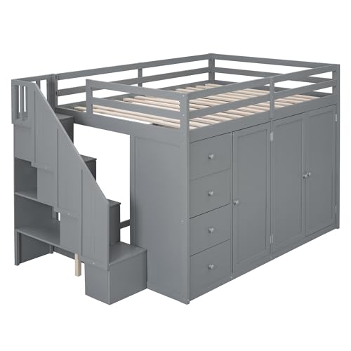Harper & Bright Designs Twin Size Loft Bed with L-Shaped Desk and Stairs, Solid Wood, White D768