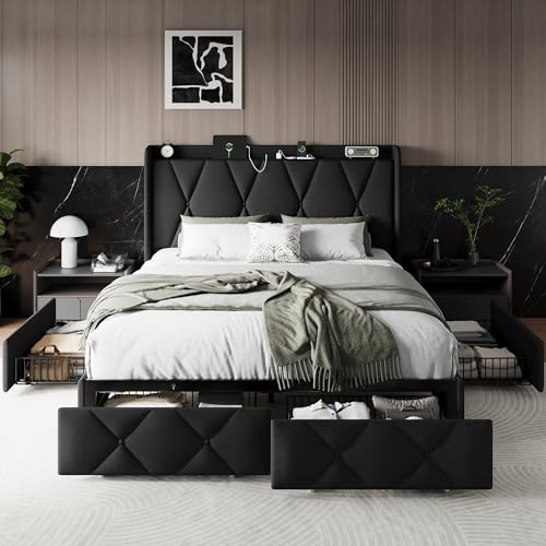 Queen Bed Frame with 4 Storage Drawers and Charging Station, Black S804993