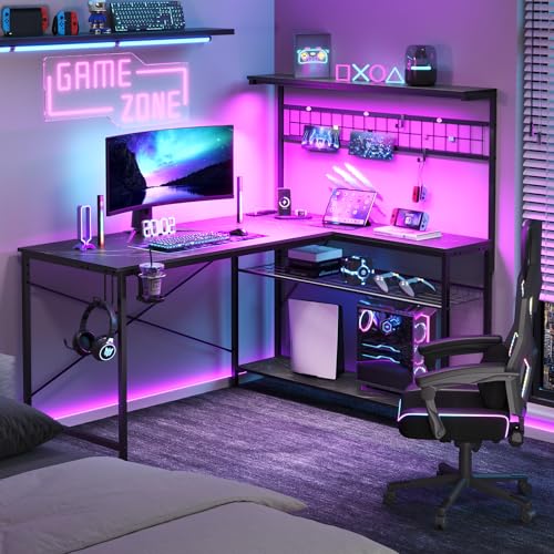Bestier 42 L Gaming Desk with Power Outlets, LED Lights and Shelves D8630