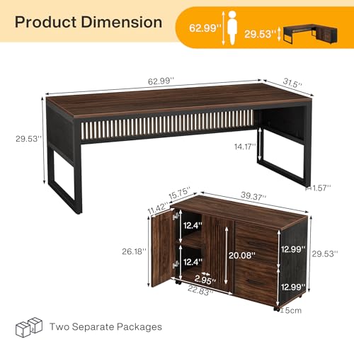 Tribesigns 63-Inch L-Shaped Executive Desk with Mobile File Cabinet, Dark Walnut & Black Z695