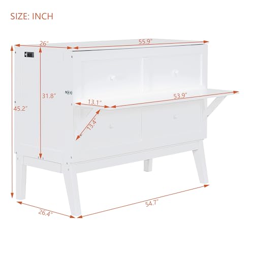 Queen Size Solid Pine Murphy Bed Chest with Charging Station and Storage Drawer K498