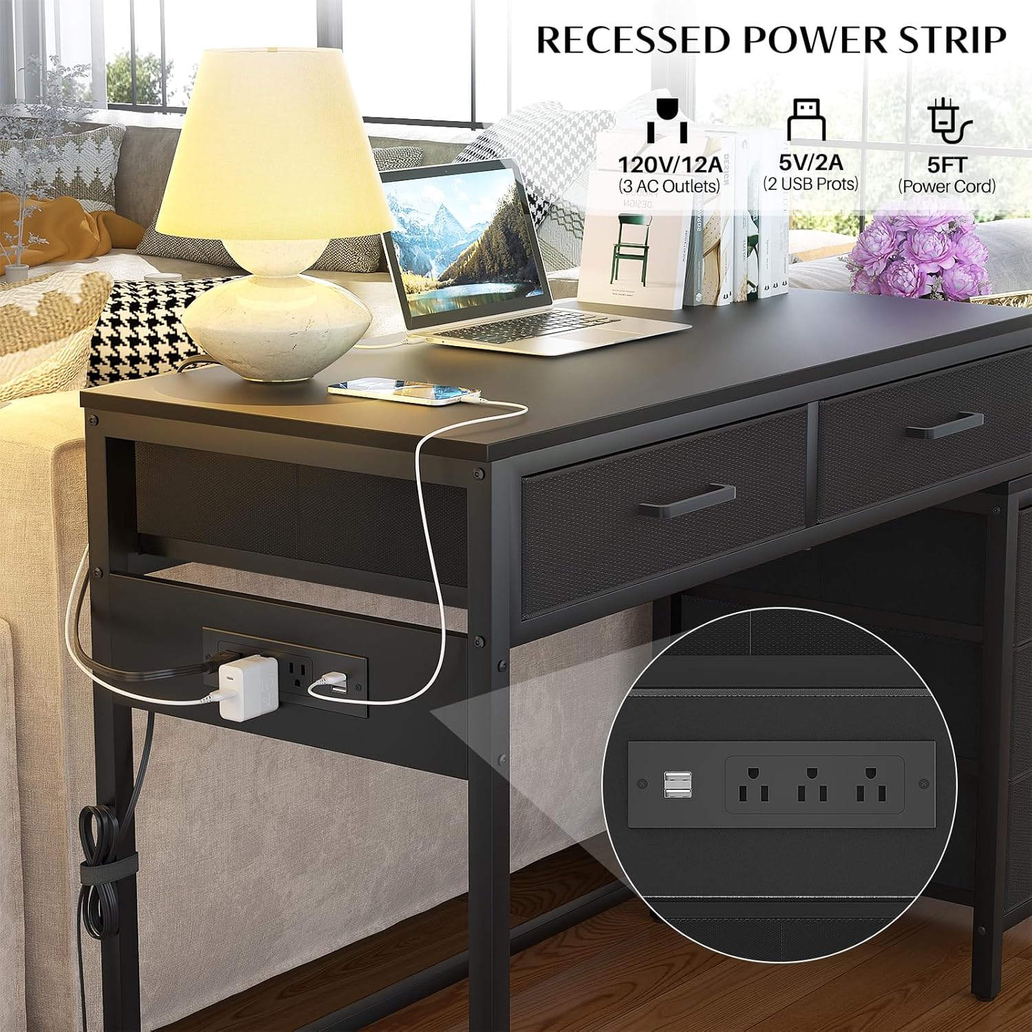 Computer Desk with 5 Drawers, Power Outlets and USB Ports, Black C972