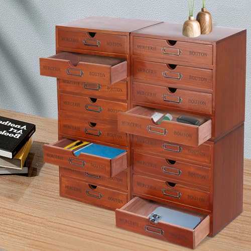 Vintage 16-Drawer Wooden Desktop Organizer with Iron Label Holders N538