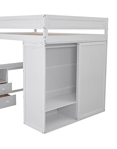 Full Size Solid Wood Loft Bed with Wardrobes, Desk and Storage Cabinet, White J33469