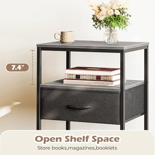 SUPERJARE Nightstand with Charging Station, Fabric Drawer, 3-Tier Storage, Walnut K366263