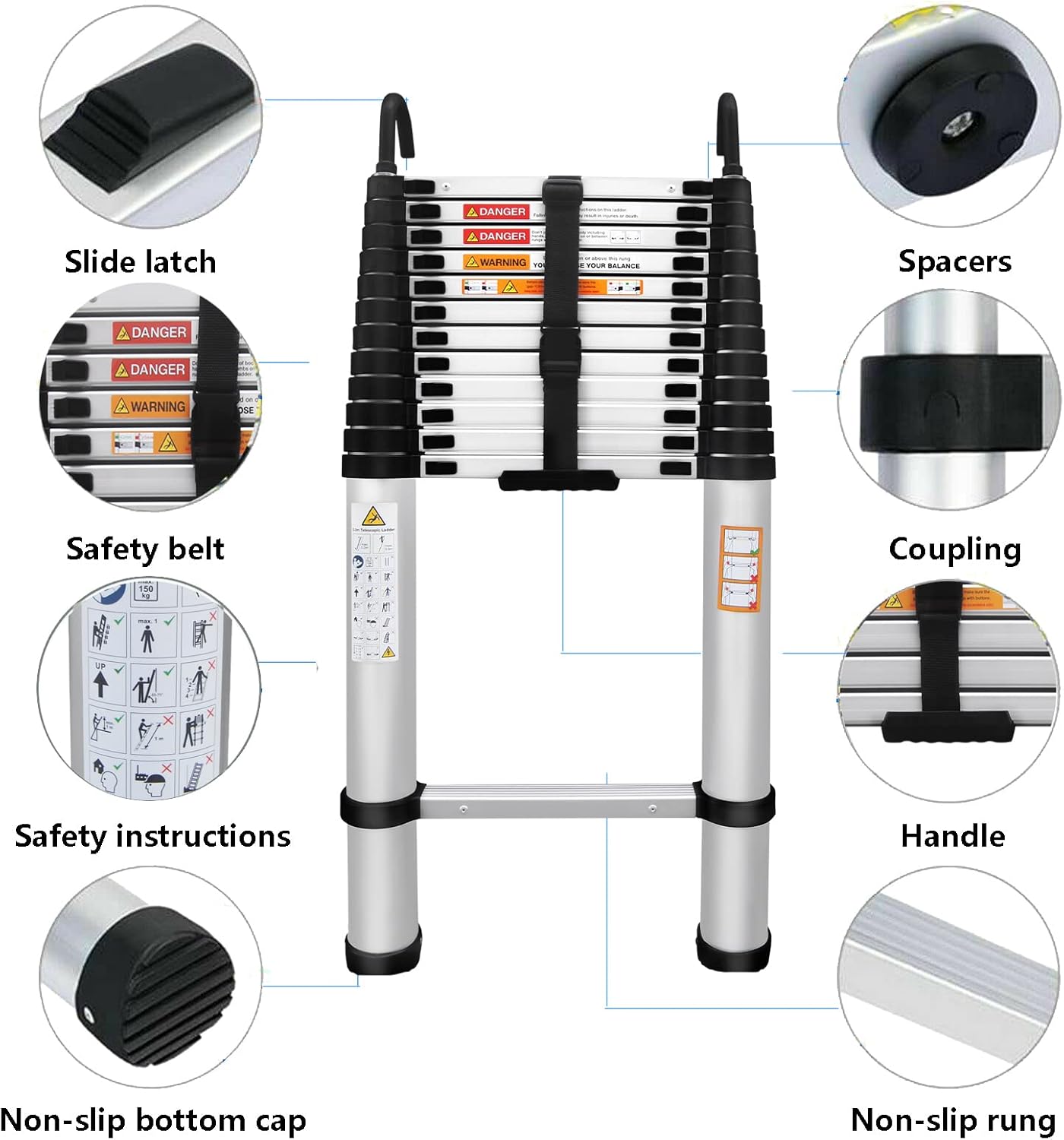Telescoping Ladder 16FT Aluminum with Roof Hooks, 330lb Capacity T8955