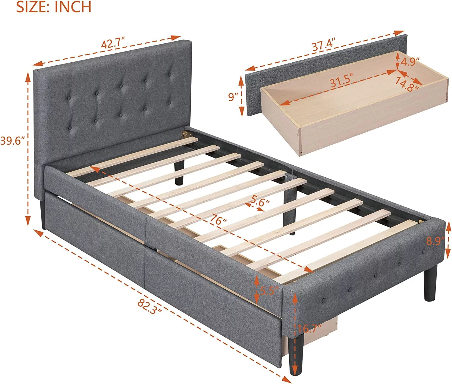 Tabaray Twin Storage Bed Frame with Headboard, Upholstered, Beige V47378