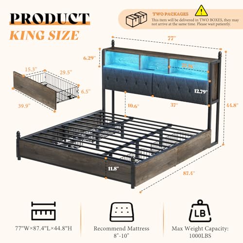 AMERLIFE Full Size Bed Frame with Bookcase Headboard, Charging Station, Rustic Brown H544