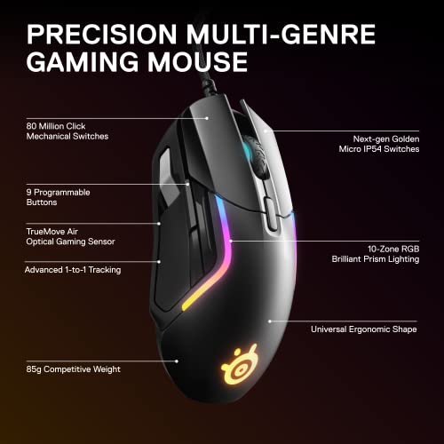 SteelSeries Rival 5 Gaming Mouse with RGB Lighting, 9 Programmable Buttons, 18000 CPI Sensor, Black N1835