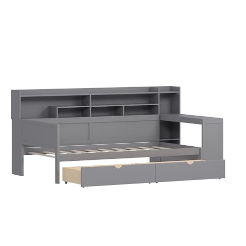 Bellemave Twin Corner Bed Frame with Storage Shelves and Desk, Gray L74206