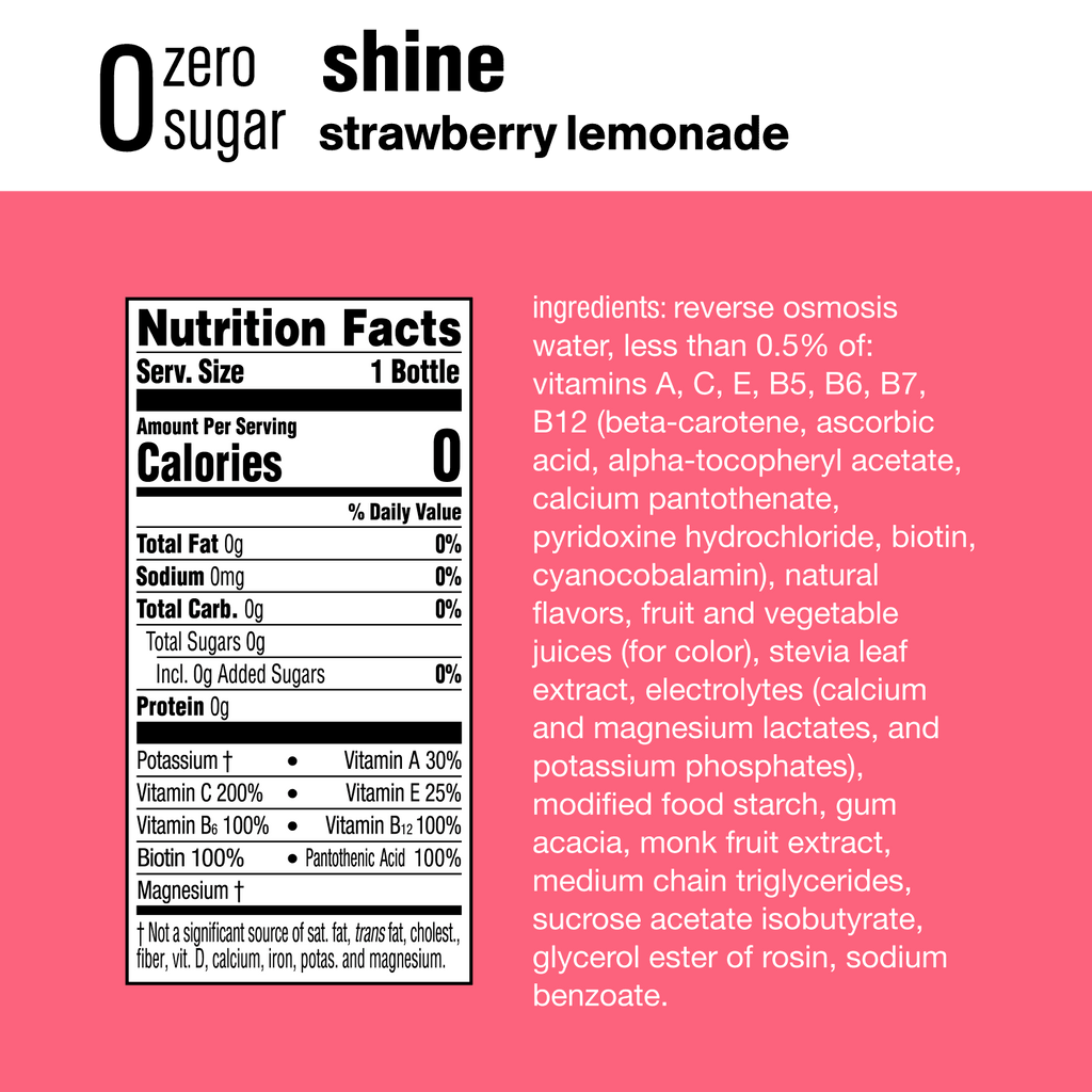 Vitaminwater Zero Sugar Shine Electrolyte Enhanced Water, Strawberry Lemonade, 20 fl oz, 12 Pack V746