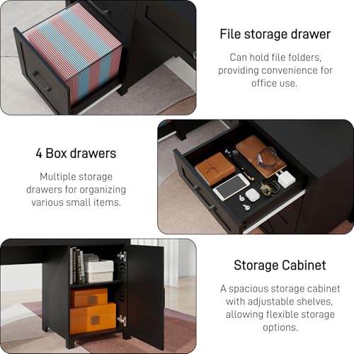 Farmhouse 61" Executive Desk with 5 Drawers and Charging Station, Pure Black W116439