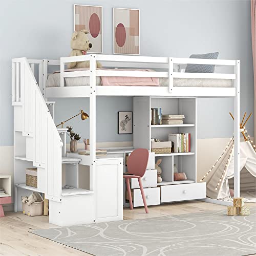 Harper & Bright Designs Twin Size Loft Bed with L-Shaped Desk and Stairs, Solid Wood, White D768