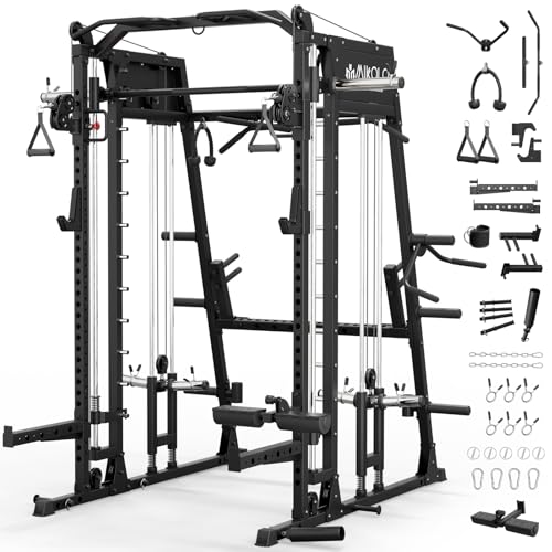 Mikolo Smith Machine 2200lbs Squat Rack with Lat Pulldown & Cable Crossover E219