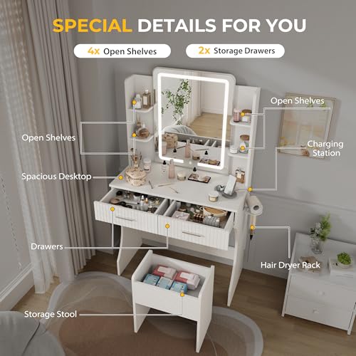 White Vanity Desk with LED Mirror and Storage Stool D5834