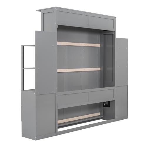 Queen Size Murphy Bed Wall Bed with Shelves, Gray R99857