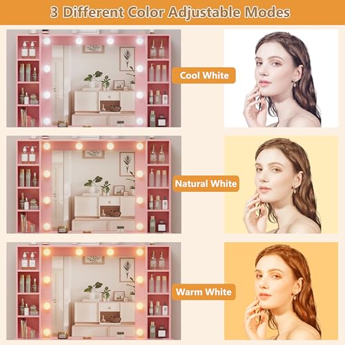 White Vanity Desk with Mirror and Lights, Glass Top, 3 Drawers V863482