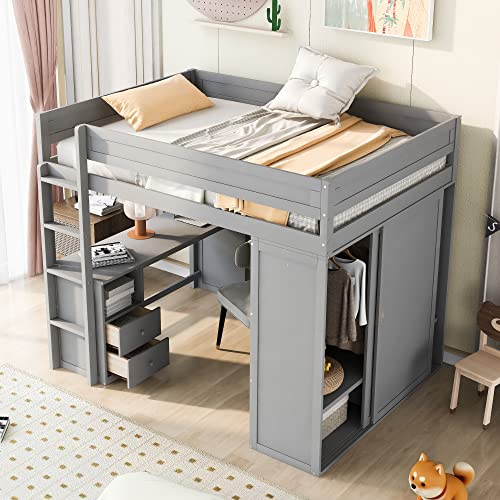 Full Size Loft Bed with Storage Wardrobe and Desk for Kids Teens Adults White K66587