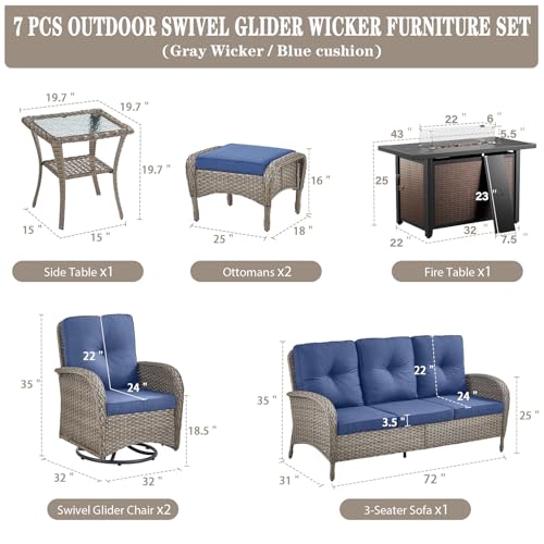 Outdoor Wicker Swivel Rocker Chairs Set of 2 with Rattan Side Table, Brown/Blue B592