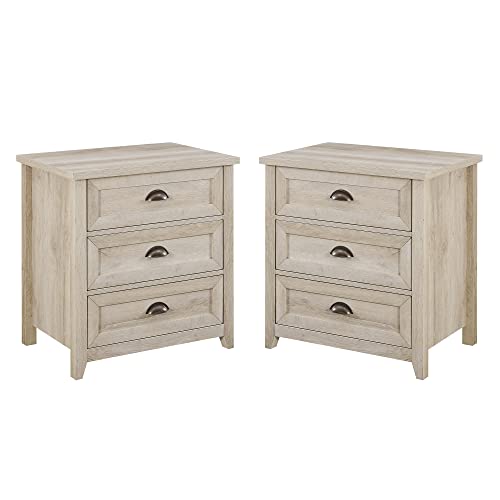Walker Edison Hazel 2-Piece Modern Farmhouse 3 Drawer Nightstand, White Oak X7971